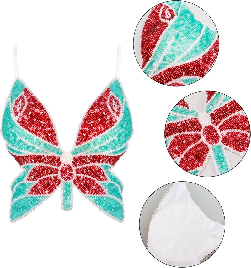Mocure Womens Glitter Sequin Butterfly Crop Top Low-Cut Tank Top Rave Tube Vest Top for Belly Dance Costume Outfits - Image 5